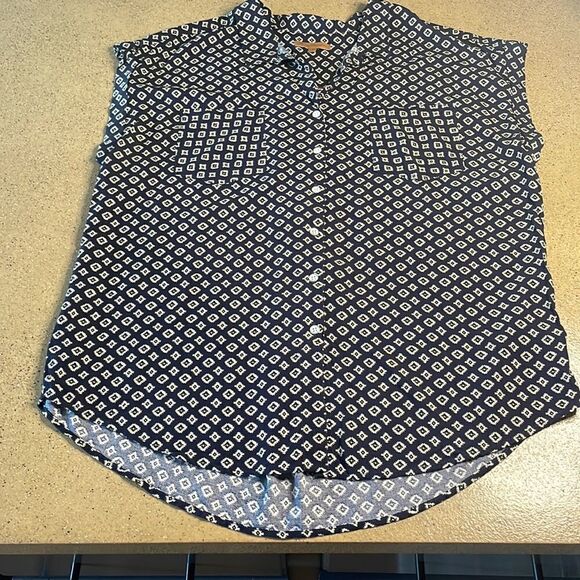 JACHS Girlfriend Cap Sleeve Button Down Short Sleeve Printed Blouse navy & cream - Picture 6 of 13